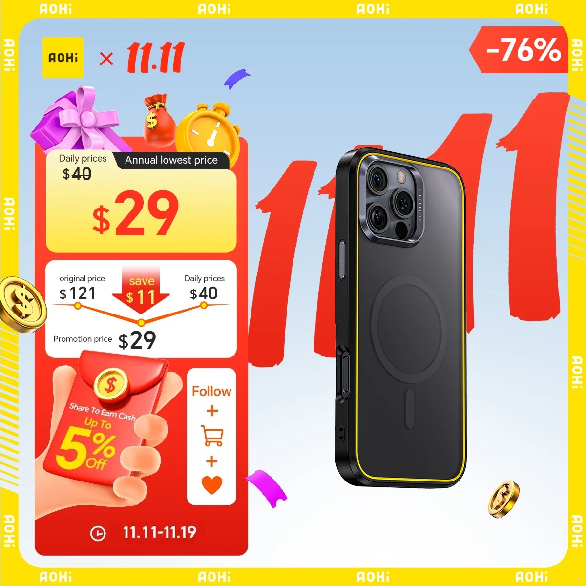 

AOHi The Future MagArmor Magnetic Phone Case with MagSafe Drop Protection Slim Magnetic Shockproof Phone Case for iPhone 16 Pro