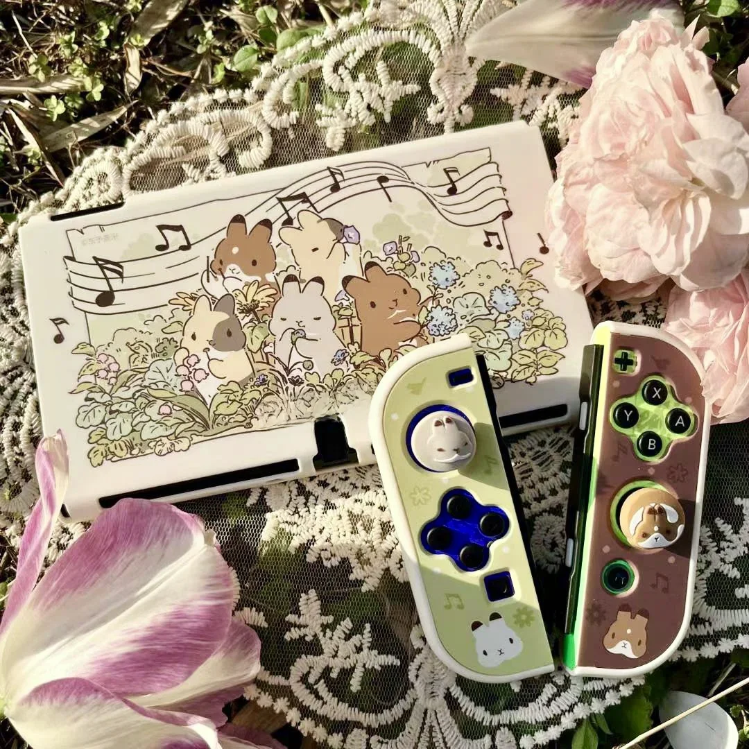 GeekShare Étui de protection compatible avec Nintendo Switch/Switch OLED, 4 capuchons de poignée de pouce en silicone pour saison de jardin, Team Timothy