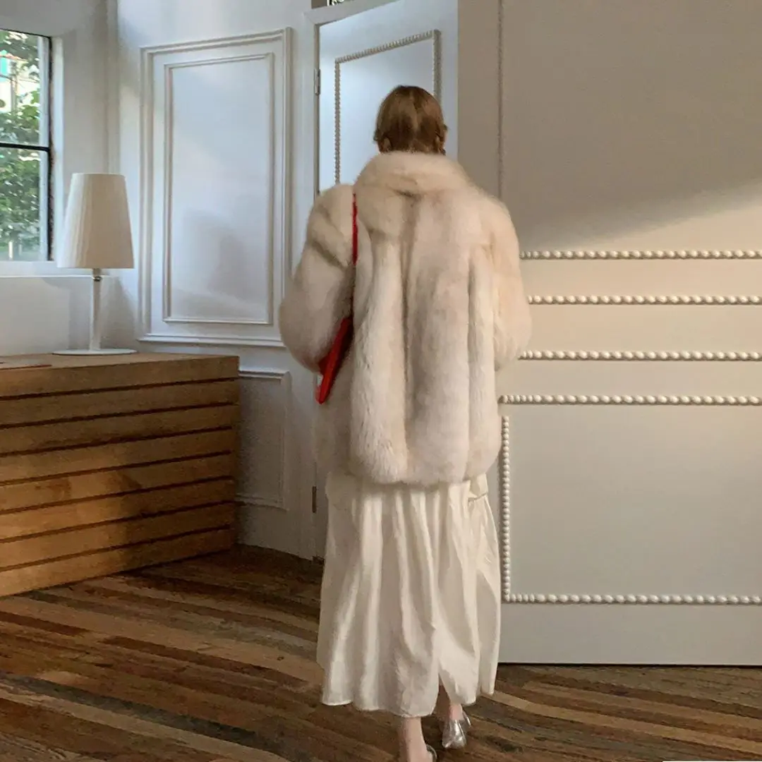 Mid-length White Real Fox Fur Jacket V-neck New Trendy Full Pelt Genuine Fox Fur Coat Luxury Woman Natural Fur Overcoats Winter
