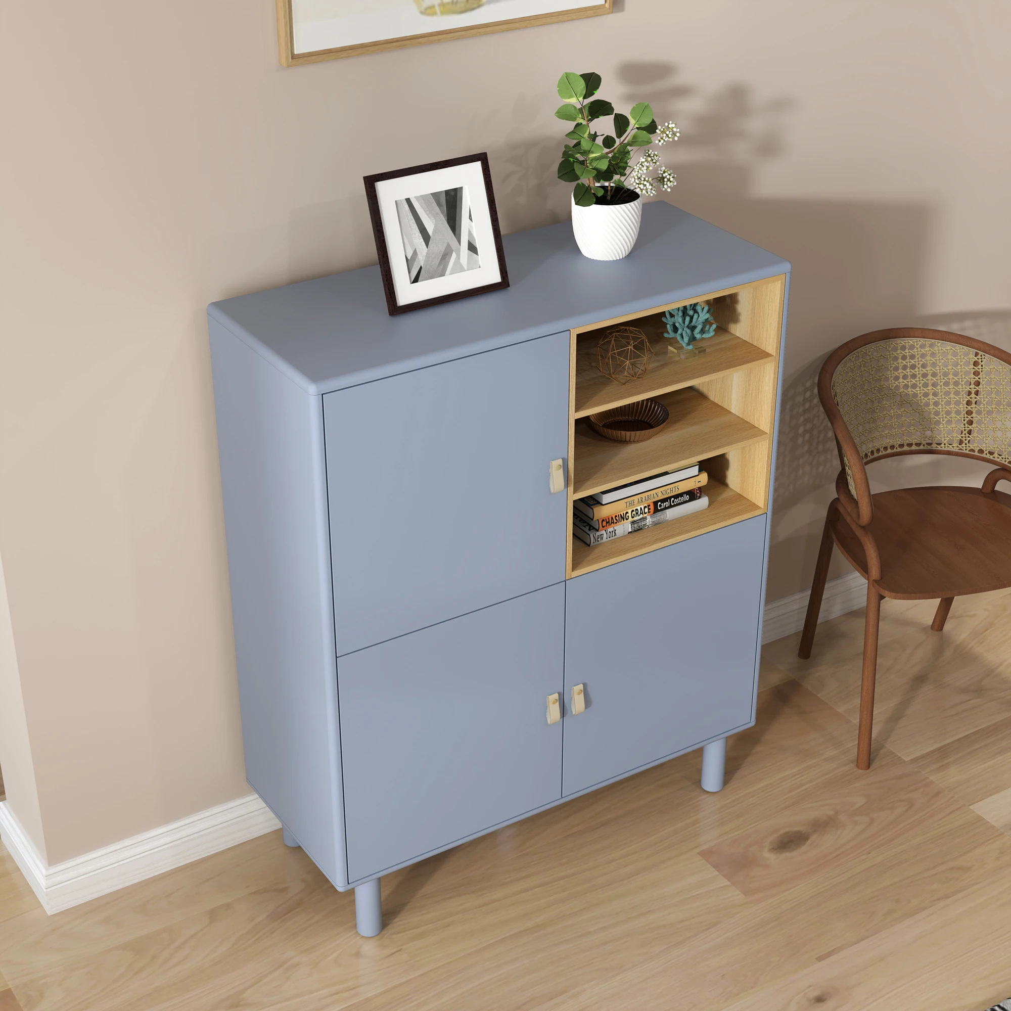 Armoire de rangement multifonctionnelle moderne avec portes, tiroir en bois, poignée en cuir, pratique, indispensable