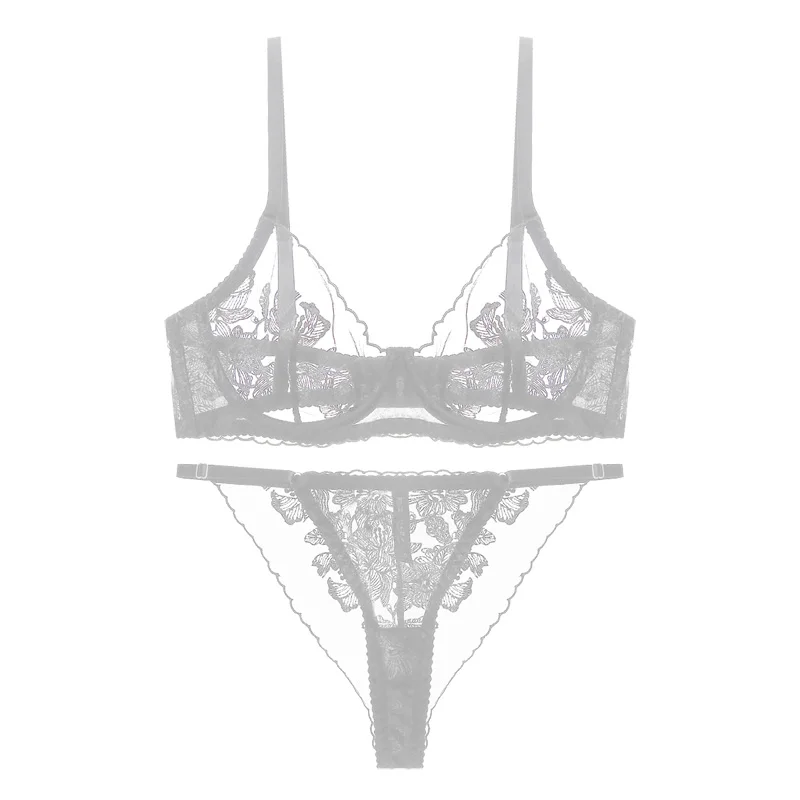 Sexy Lace Thin Section Mesh Lingerie Top Support Gathering Steel Ring Comfortable Underwear Set Girl Bra with Underpants