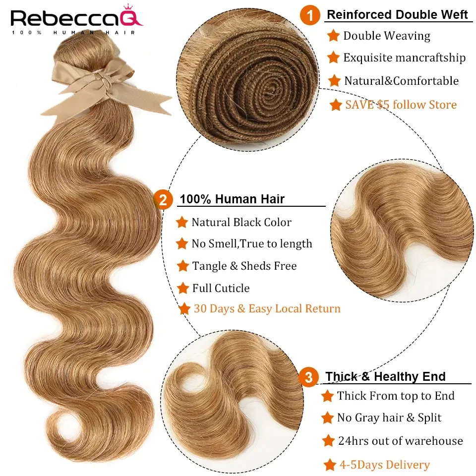 Mèches Body Wave brésiliennes naturelles Remy, couleur blond miel 27, 8 à 26 ans, vendues par 1/3/4 extensions capillaires