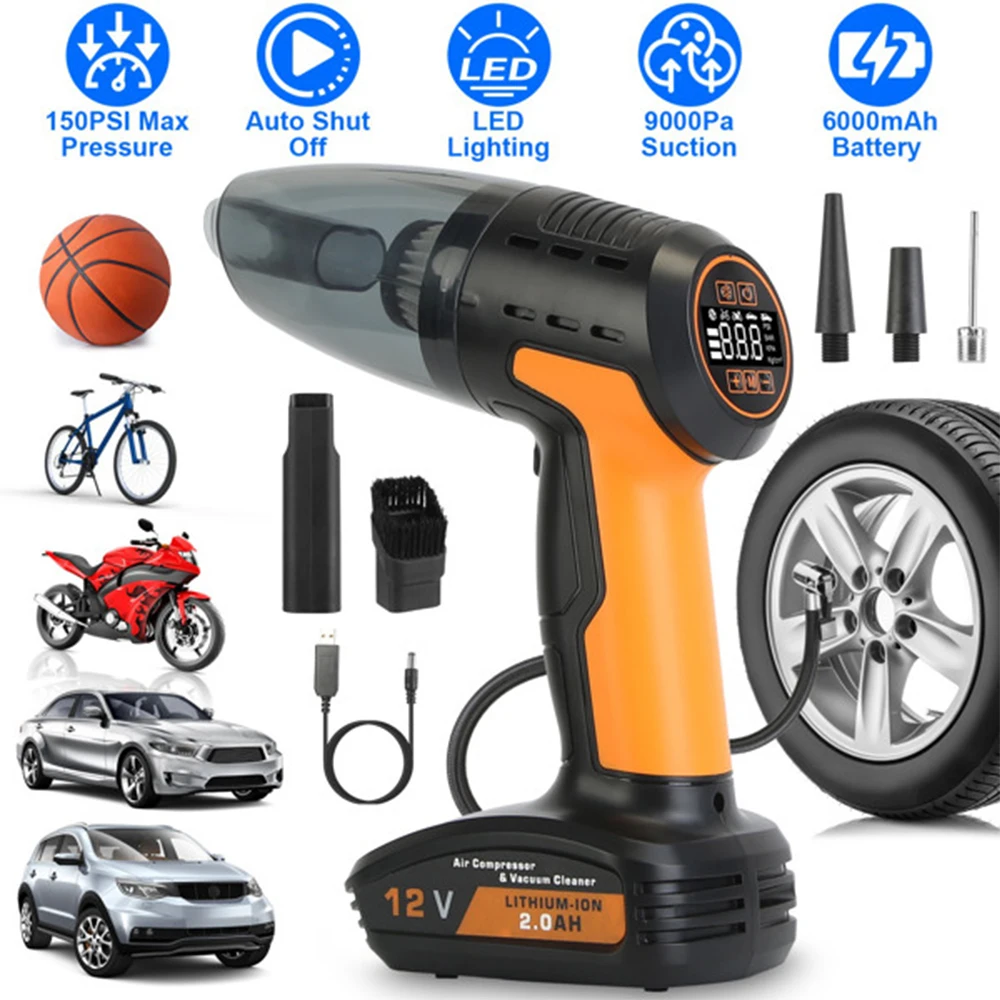 

4-in-1 Cordless Car Vacuum & 150PSI Inflator: Rechargeable, Digital Display, LED Light, Tire Pressure Gauge