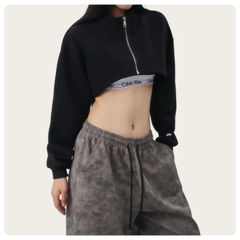 Koreanischer Streetdance-Stil Damen Grau-Schwarzes Locker Sitzendes Kurzes Crop-Top Reißverschluss-Sweatshirt – Detail 5