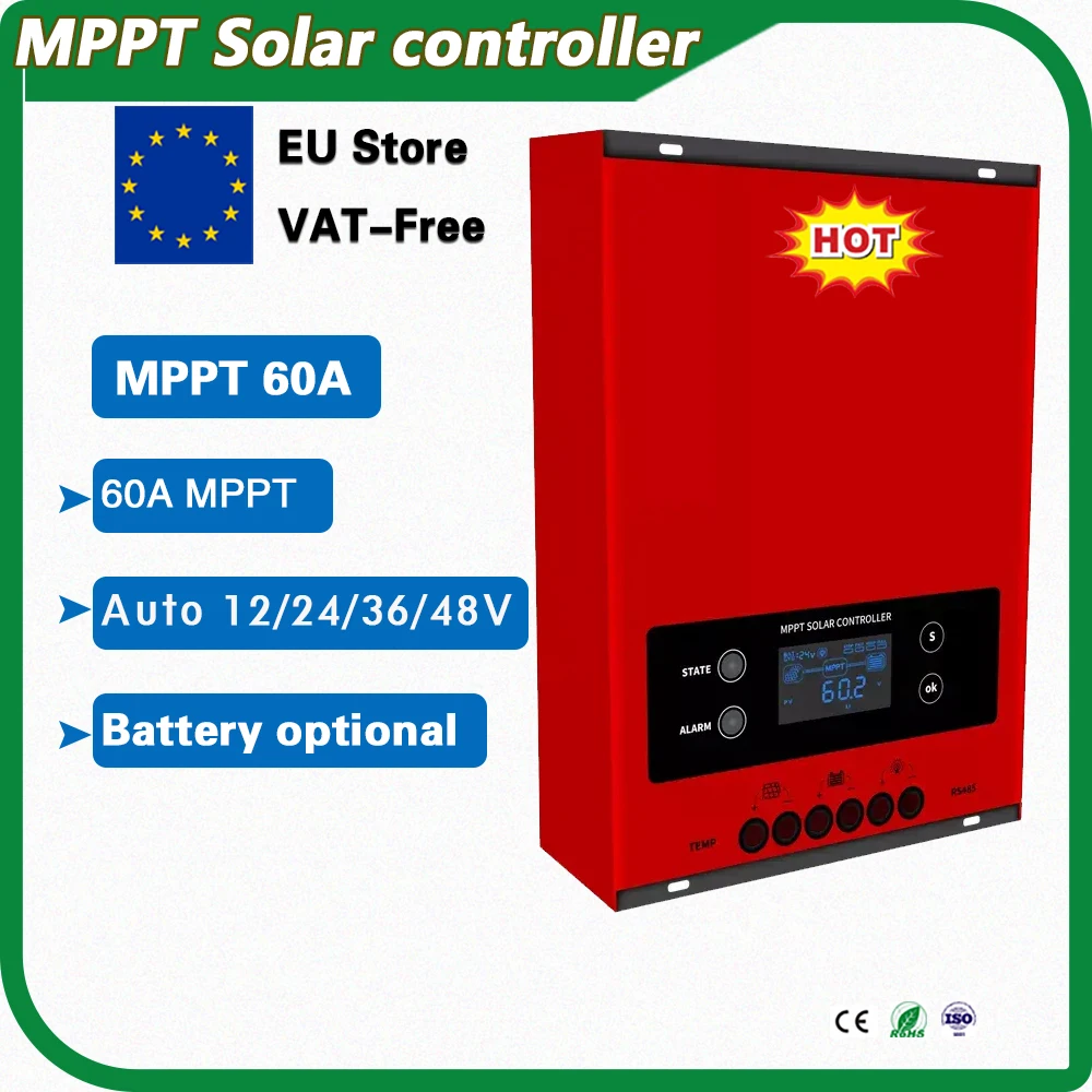 High Efficiency 60A MPPT Solar Charge Controller 12V/24V/36V/48V System LCD Display Charger with Max 150V DC PV Input Voltage