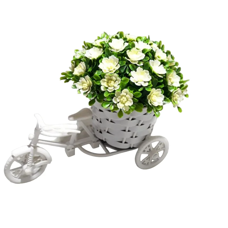 Bicicleta Miniatura com cesto + Flor Bucho Artificial Cor Branca Decoração para Casa e Festas