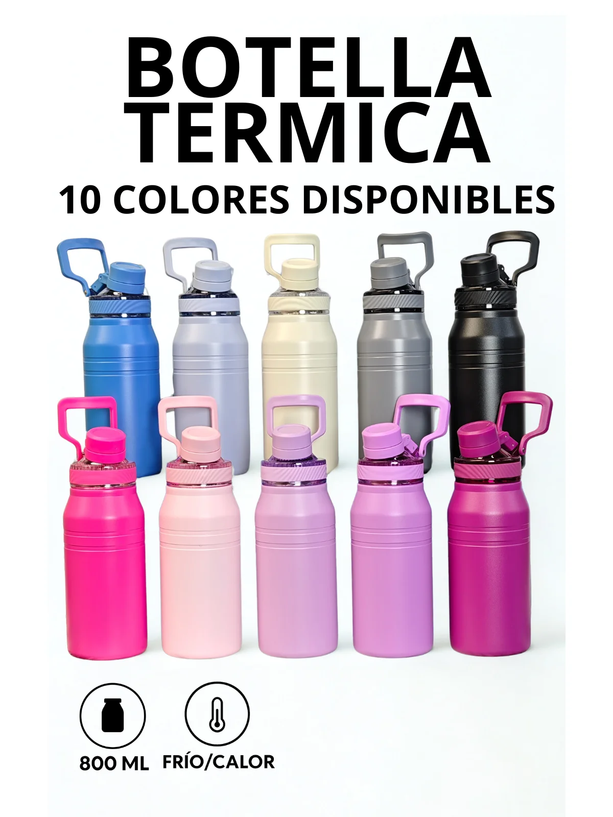 Botella Térmica PYA-8 de 800ml con Asa Integrada, Tapa Hermética Antiderrame y Conservación de Frío y Calor por 12 Horas, Disponible en 10 Colores para Hombres y Mujeres, Ideal para Gym, Oficina, Escuela y Uso Diario