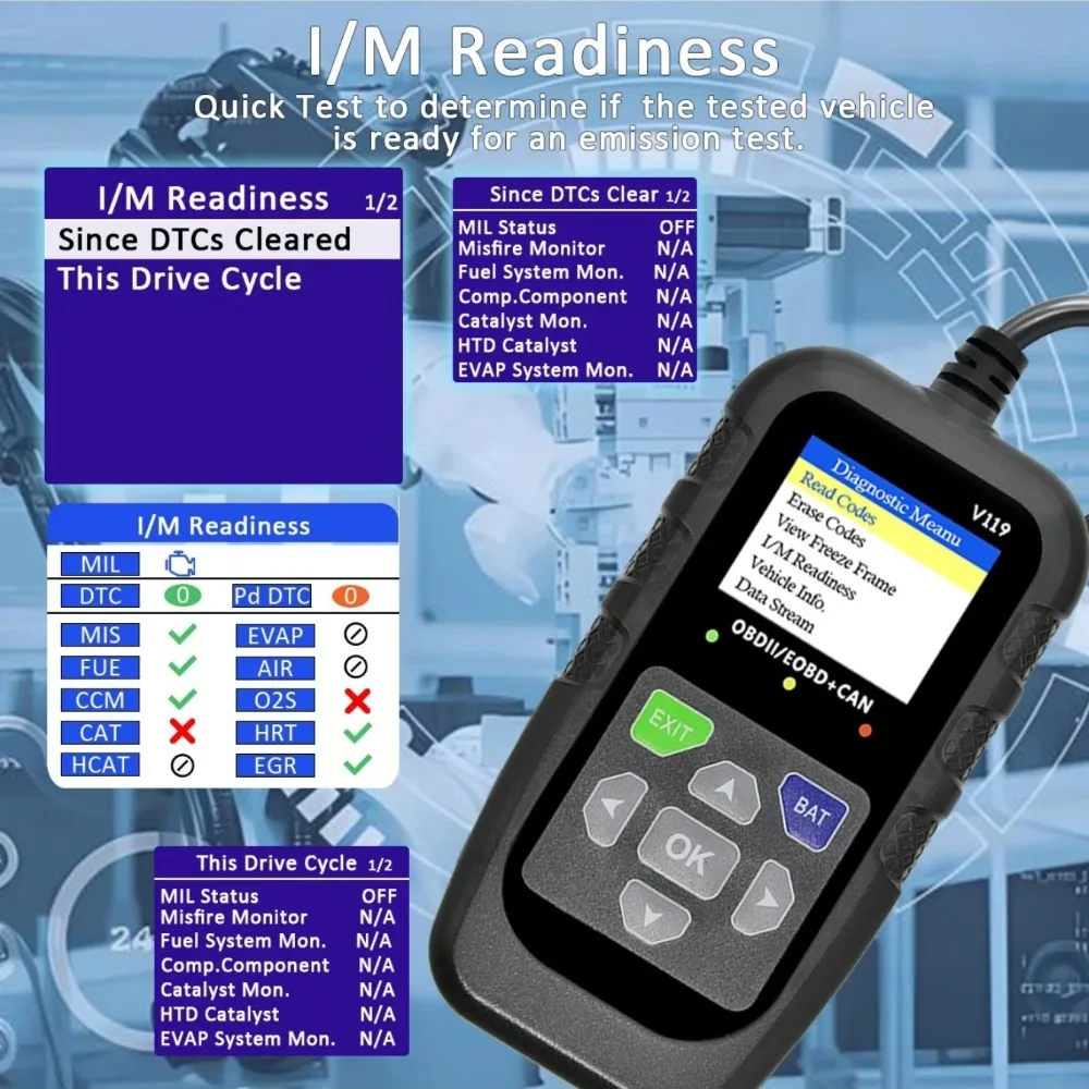 V119 OBD2 Scanner: Car Diagnostic Tool with Voltage Test & USB Power, Reads/Clears Codes for EOBD/CAN OBD2 Vehicles