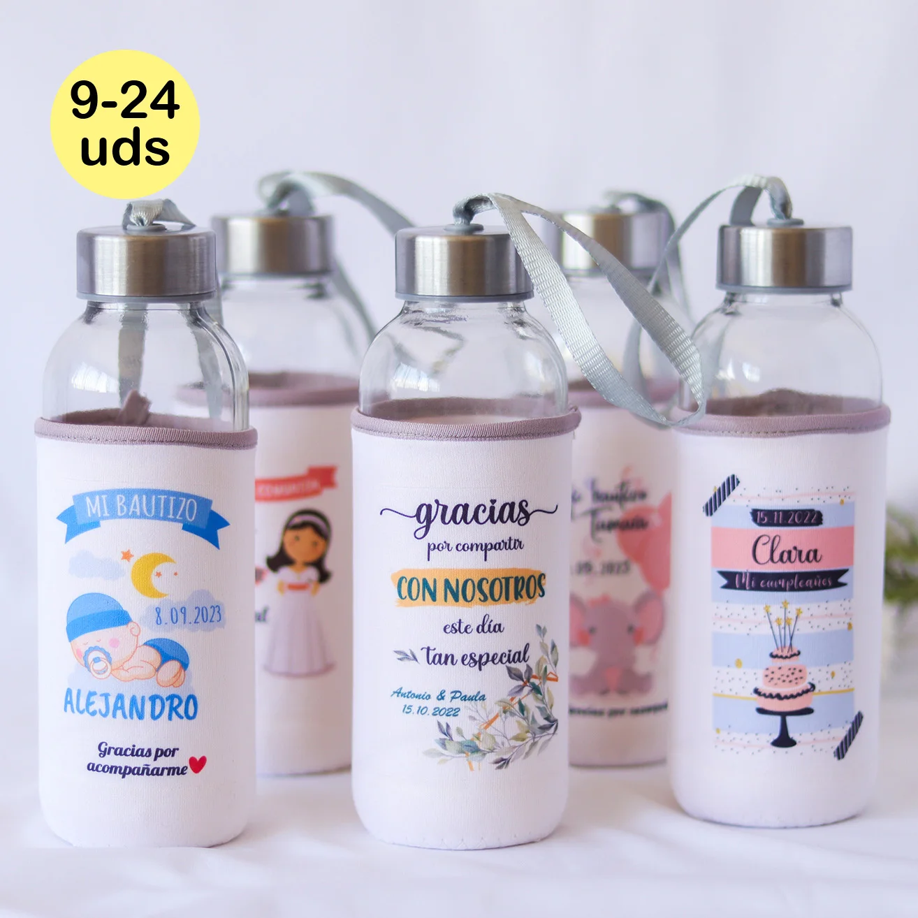 9-24 pcs/lot Custom Bottle Glass Bottle Neoprene Cover Communion Guest Details Personalized Wedding Gifts Christening Memories Communion Details Gift Store