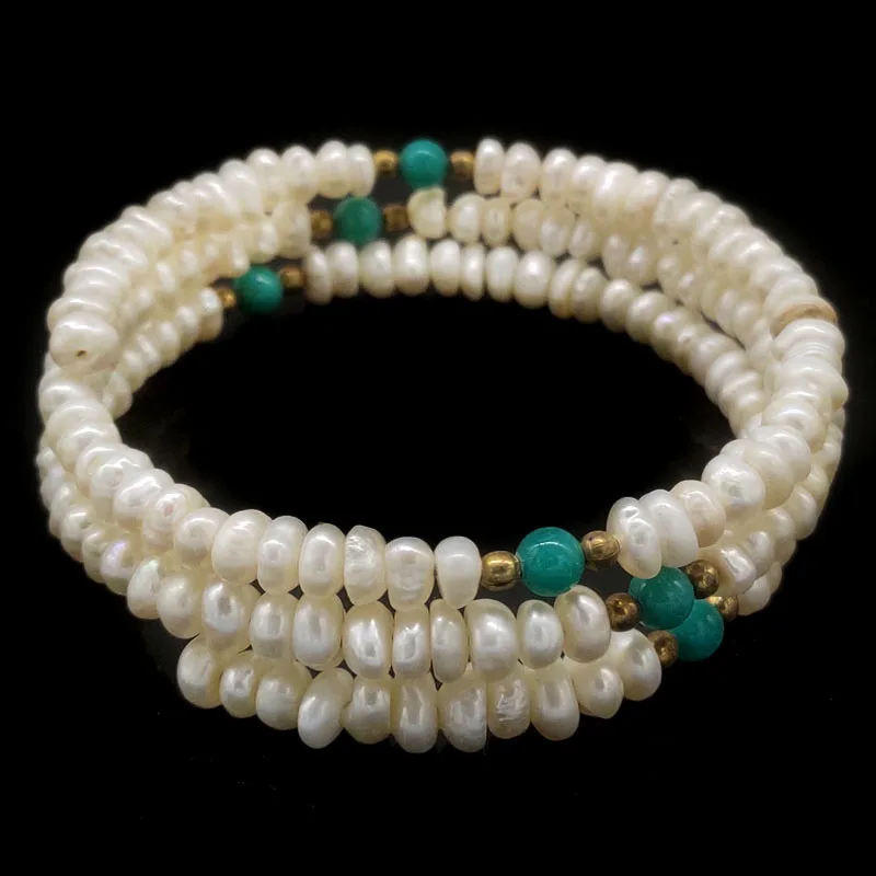 Wholesale 7 inches 4-5mm White Nugget Pearl Lapis Lazuli Memory Wire Bracelet