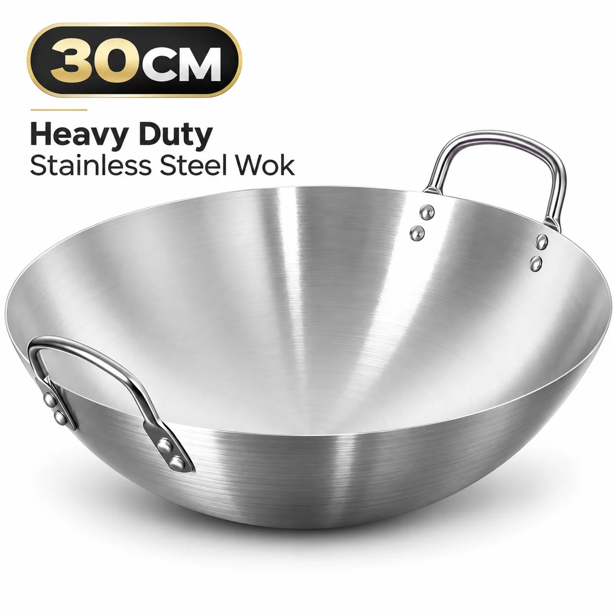 30cm Heavy Duty Stainless Steel Wok, Large Deep Stir Fry Pan with Dual Riveted Handles, Durable Chinese Cooking Wok for Stir-Frying, Deep Frying, Boiling & Home Kitchen Use