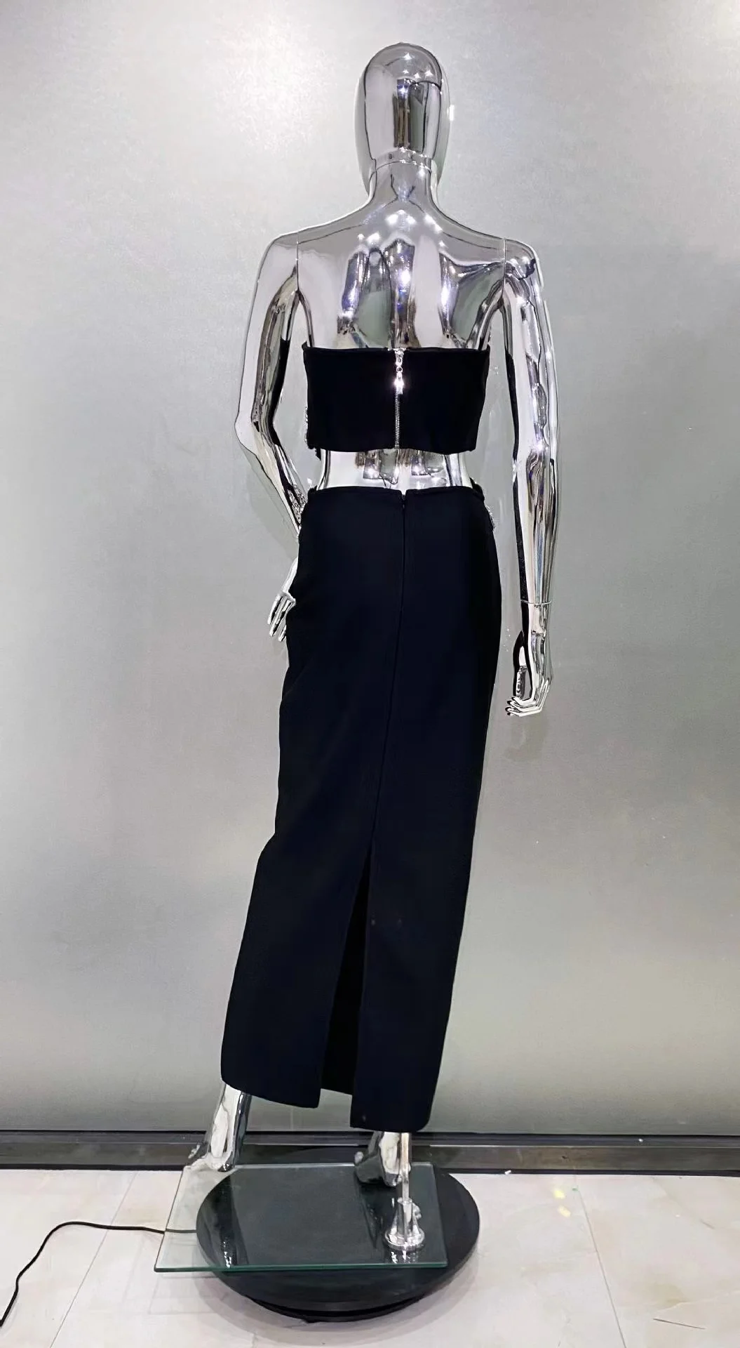 High quality women summer black Diamond flower short tops +high waist pencil skirt 2 piece bandage set vintage