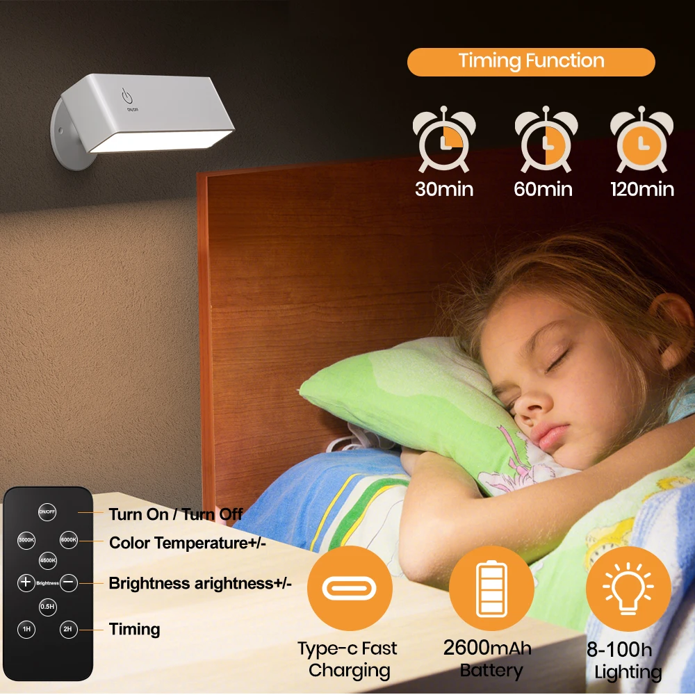 2 Pack 360° Rotatable Magnetic LED Wall Sconce, Type-C Rechargeable Dimmable Reading Lamp with Remote Control, 3 Color Modes Portable Wall Light for Bedside, Vanity Mirror, Bathroom