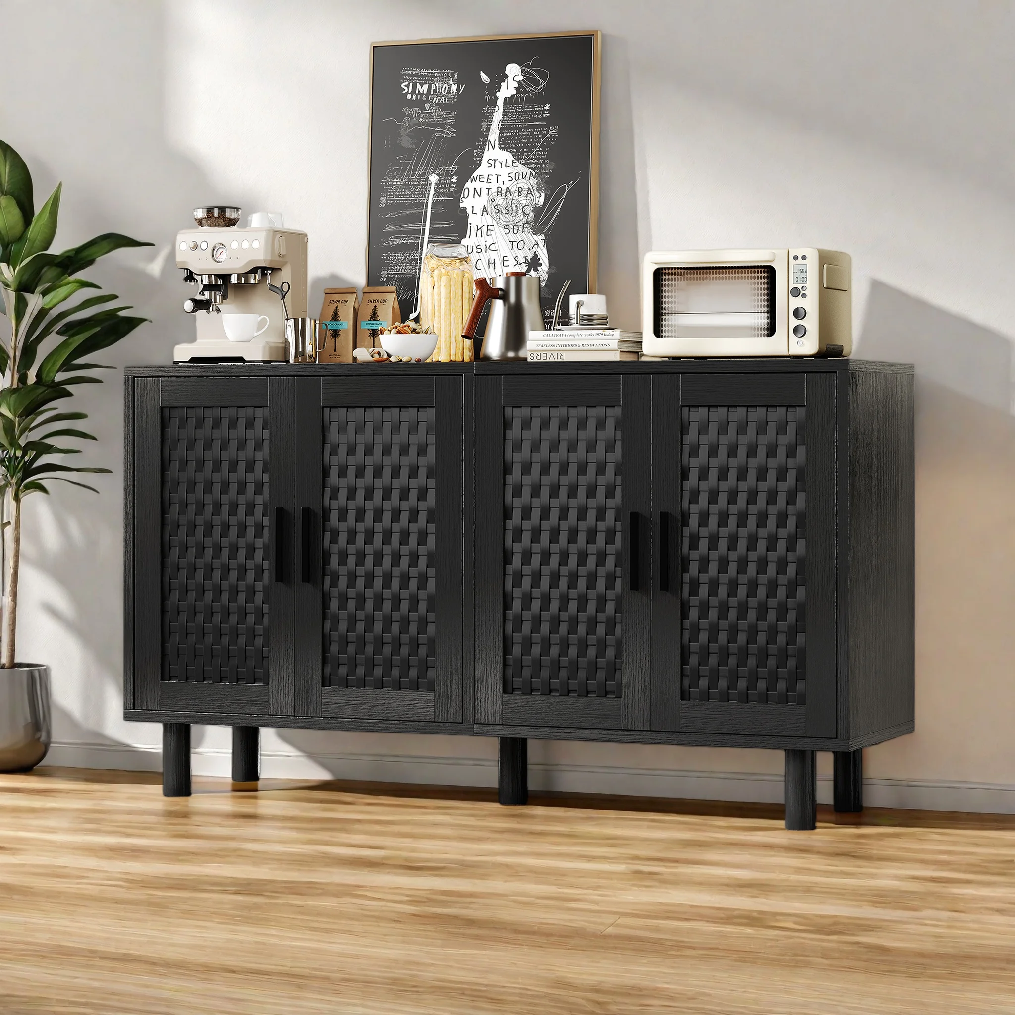 Sideboard, Kommode mit 4 Türen, Küchenschrank mit Arbeitsplatte, Küchenbuffet Buffetschrank, Metallgriffe, Erhöhte Füße, für Wohnzimmer, Küche, Esszimmer, 140x40x80 cm, Schwarz