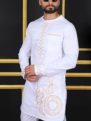 African Kaftan Nigerian Men'S Traditional Clothes White Elegant Print Fabric Fashion Ethnic Costumes African Fashion Wear Suit