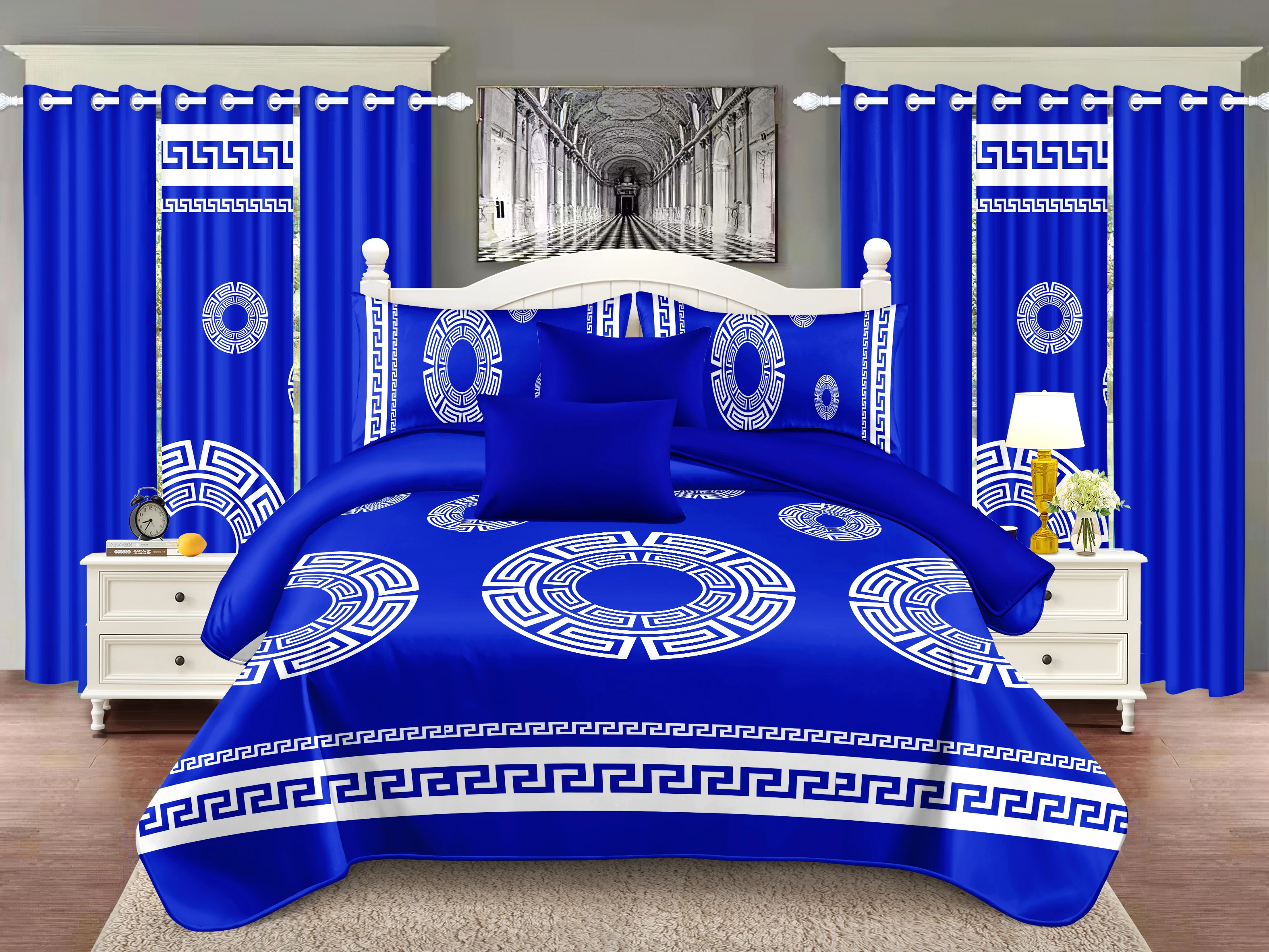 

Комплект постельного белья из 9 предметов (1 покрывало + 2 наволочки + 2 шторы с принтом + 4 однотонные шторы) – мягкий, комфортный, синий цвет