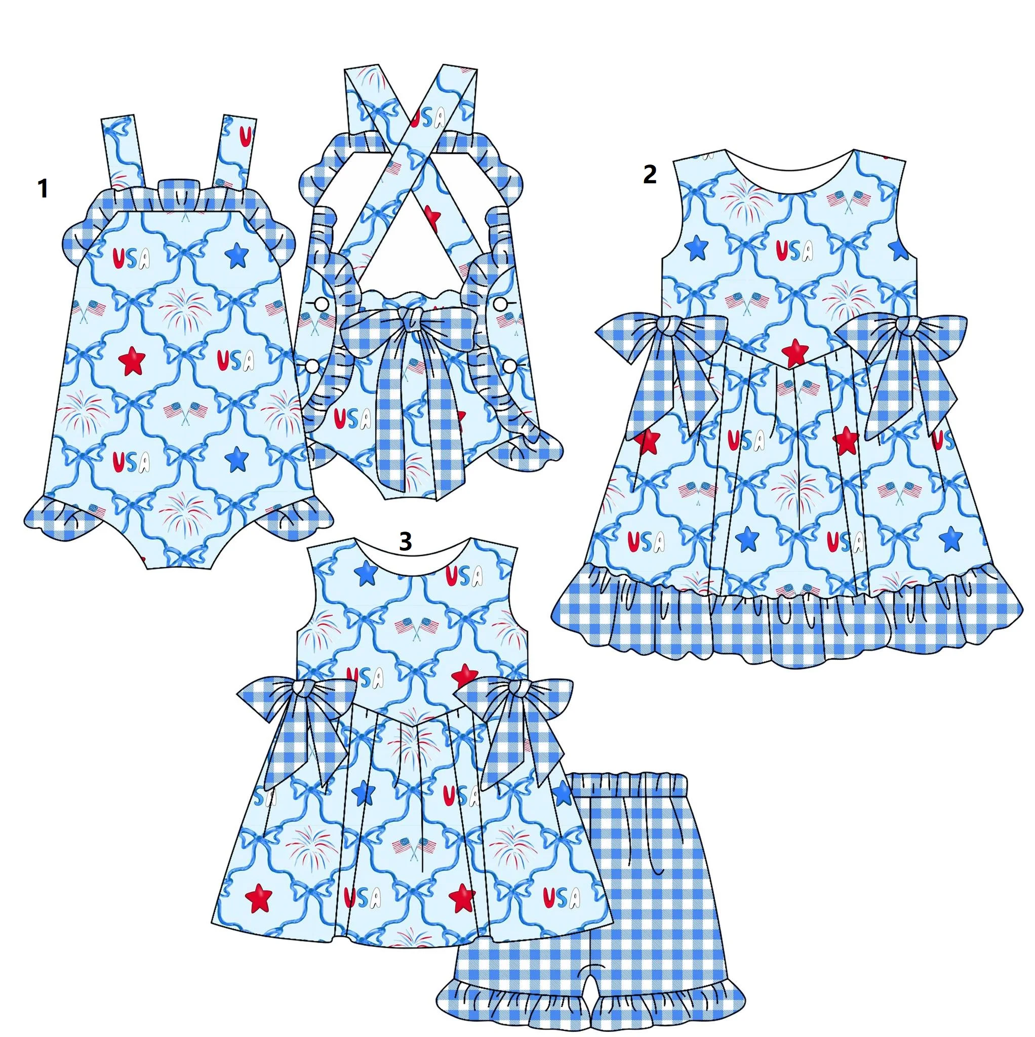 

July 4th Independence Day Series Girls Suspender Bodysuit Sleeveless Dress Three-piece Set Blue Bowknot Print