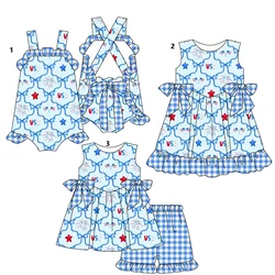 July 4th Independence Day Series Girls Suspender Bodysuit Sleeveless Dress Three-piece Set Blue Bowknot Print