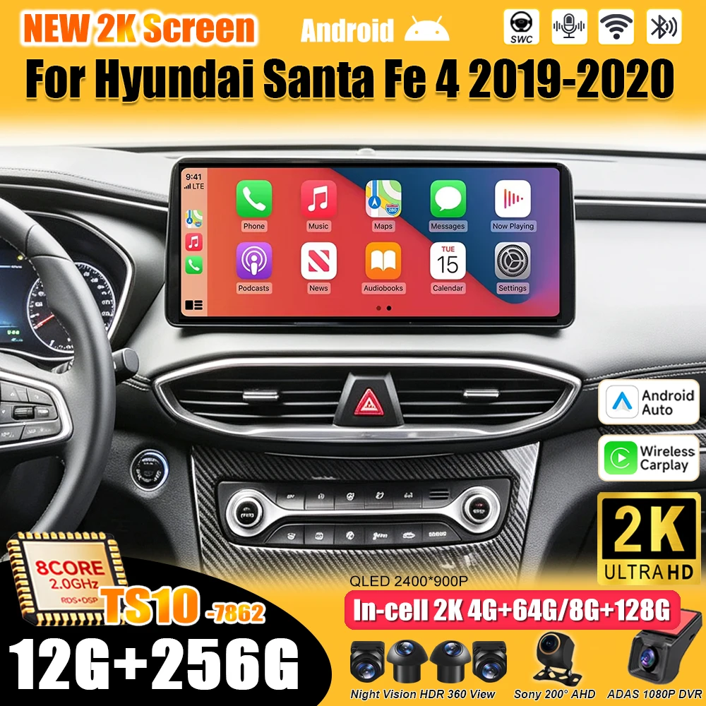 12.3 inch Android 16 For Hyundai Santa Fe 4 2019 -2020 Car Radio Stereo Head Unit Multimedia Video Player GPS Navigation 2K QLED