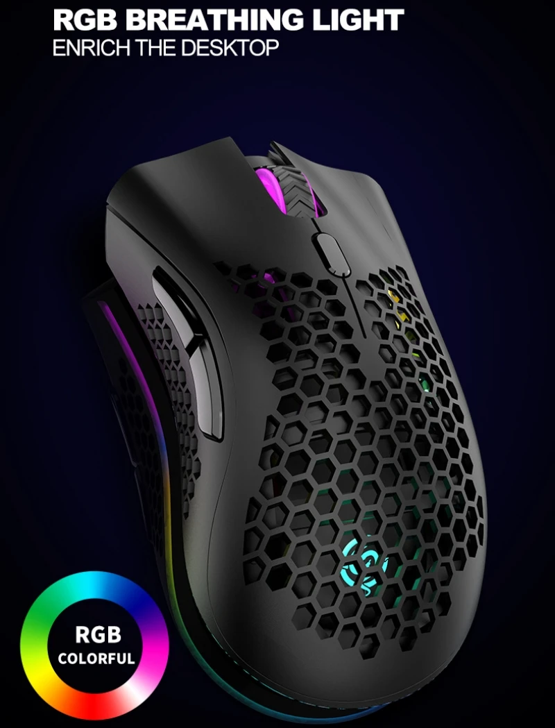 ماوس ألعاب لاسلكي احترافي خفيف الوزن ماوس ألعاب بلوتوث 2.4G USB 6 مفاتيح تصميم مريح RGB ضوء العسل BM600