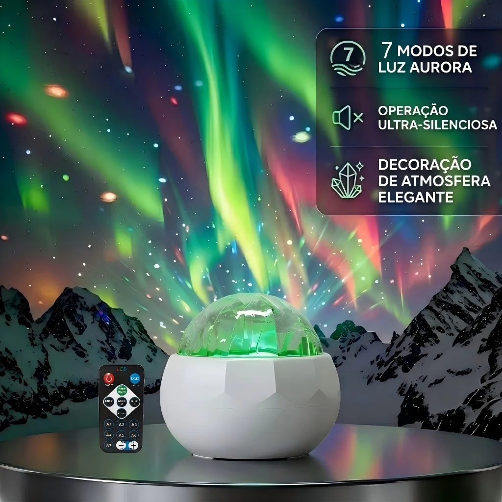 Projetor LED Aurora Galaxy USB RGB 7 modos 360° giratório, luz estelar com controle remoto para quarto e home theater