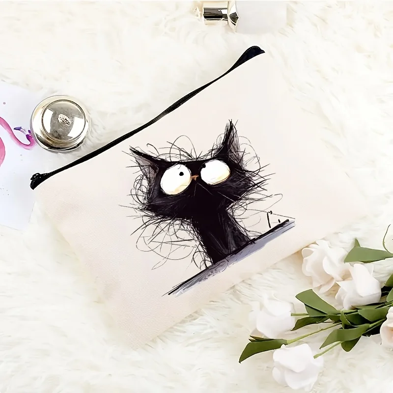 1Pc Cute and Charming Black Cat Retro Design Multifunctional Travel Makeup Bag, Snack Storage Bag, Stationery Storage Bag, Fashionable Toiletry Bag, Canvas Double-Sided Printed Zipper Pouch view 2