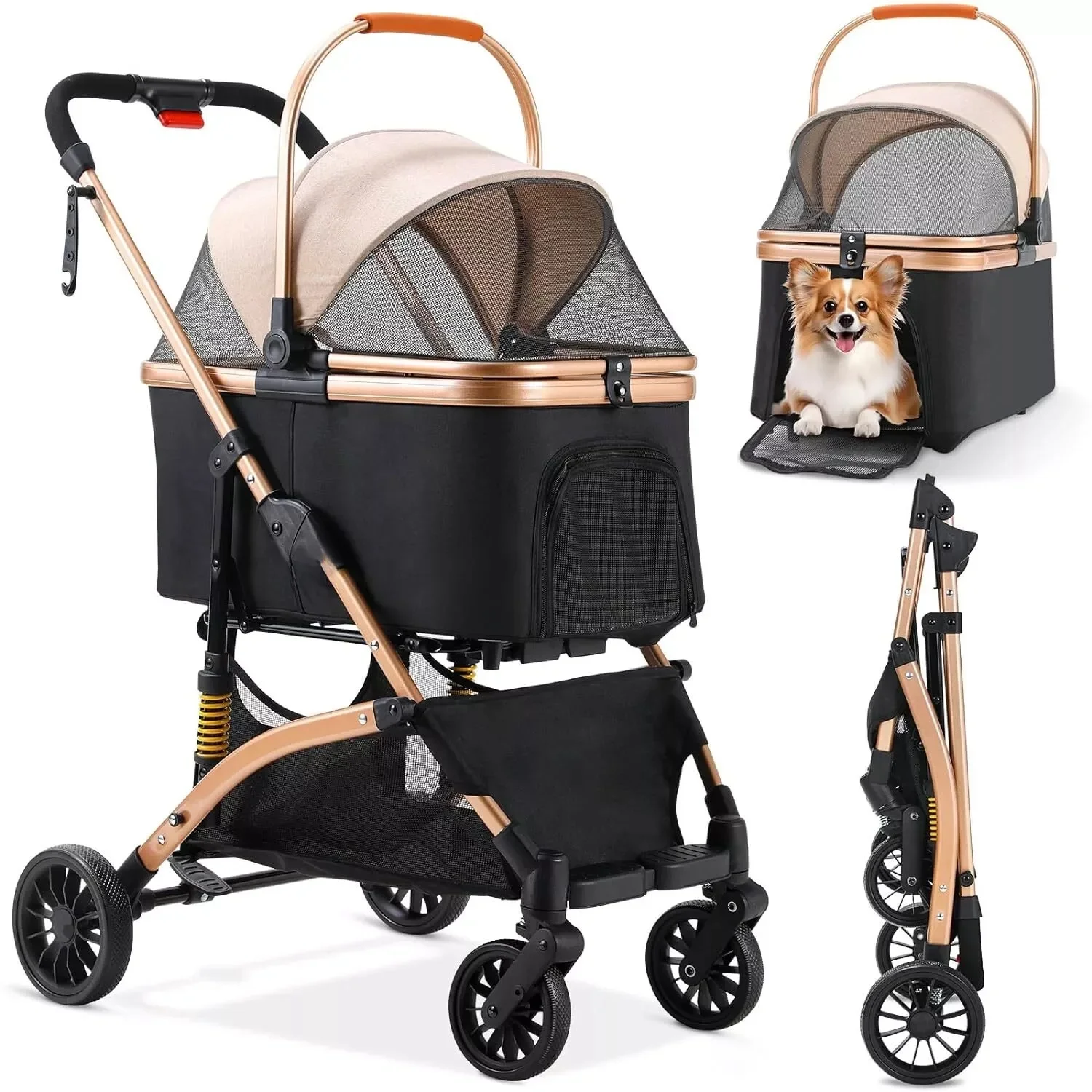Kinderwagen voor honden en katten, afneembare reistas en autostoeltje voor huisdieren, aluminium frame 4-wieler reiskinderwagen voor huisdieren - afbeelding 2