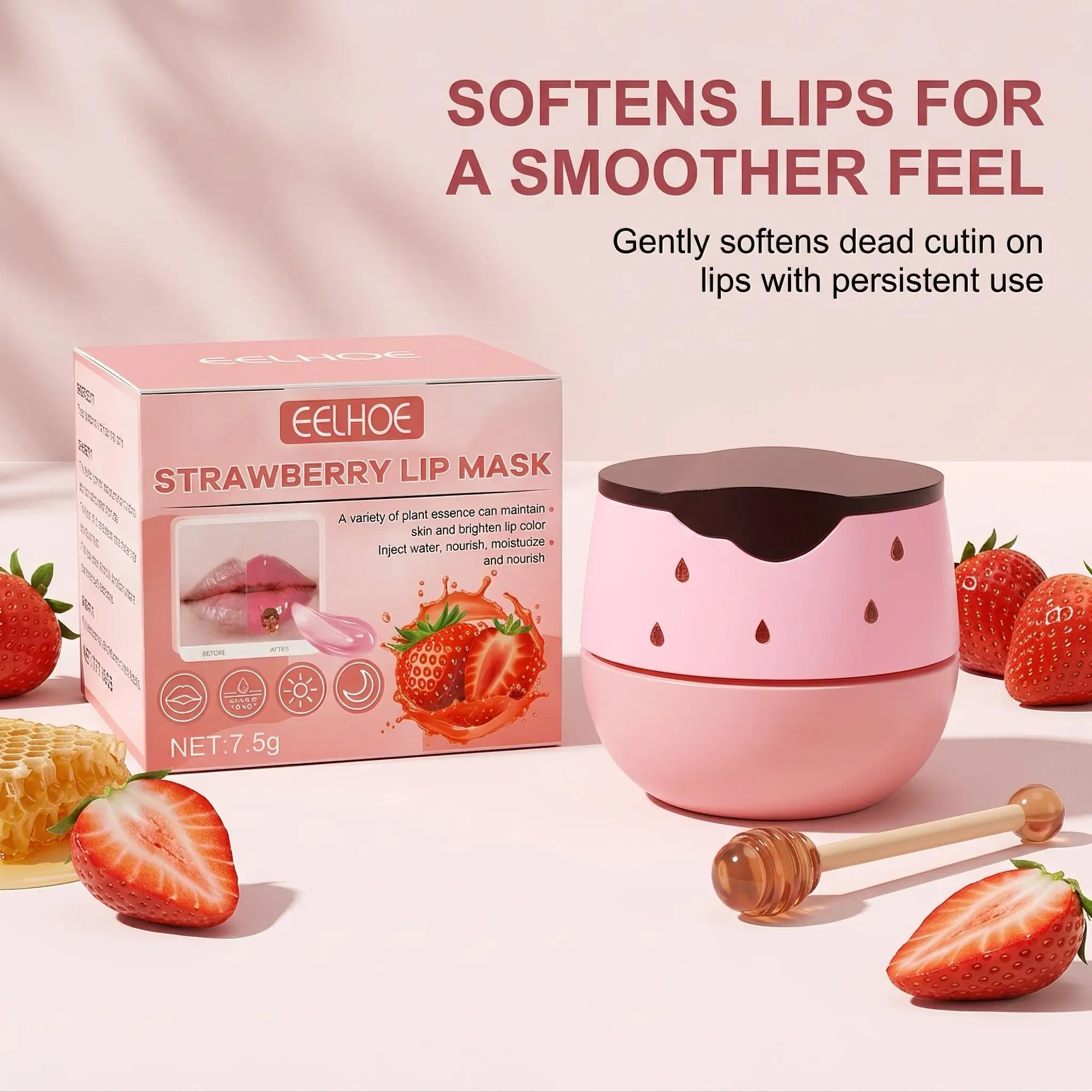 Eelhoe Strawberry Lip Mask Overnight Treatment Moisturizing Exfoliating Fade Lip Lines Honey Collagen Nourishing Lips Care Sleeping Mask