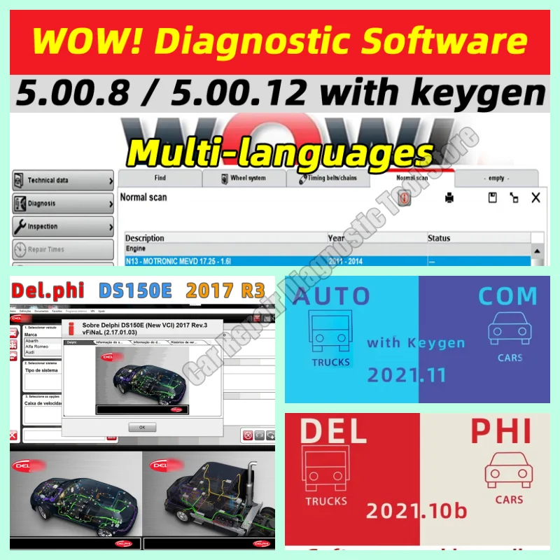 2024 Autocoms + Del phis 2021 version with keygen + W0W 5.0012 Software DS 150 OBD2 Diagnostic tool Compatible with Bluetooth