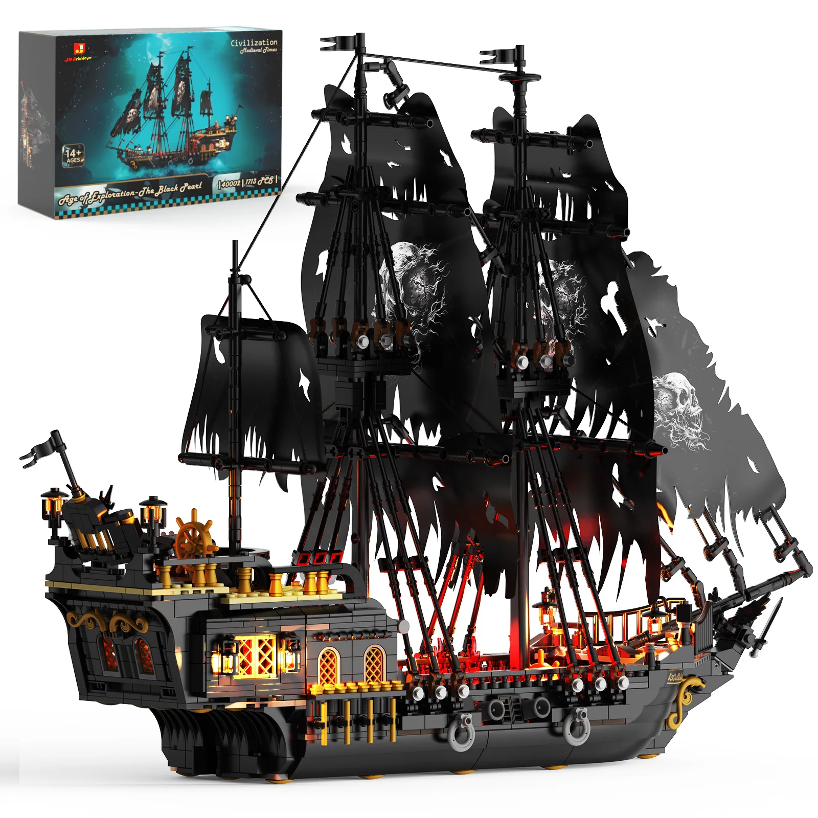 Model Kit U Boat - JMBricklayer ブラックパール海賊船組み立てセット（LEDライト付き）、1713ピースの船モデルボートキット（大人向け）、ハロウィン、クリスマス、誕生日のための航海モチーフのギフト