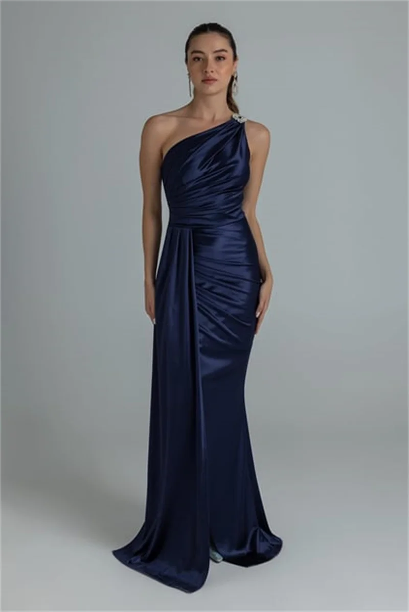 Simple One-Shoulder Design Satin Prom Dress With Ribbons Long Draped Bridesmaid Dress Women Party Gowns فساتين سهrobes de soirée