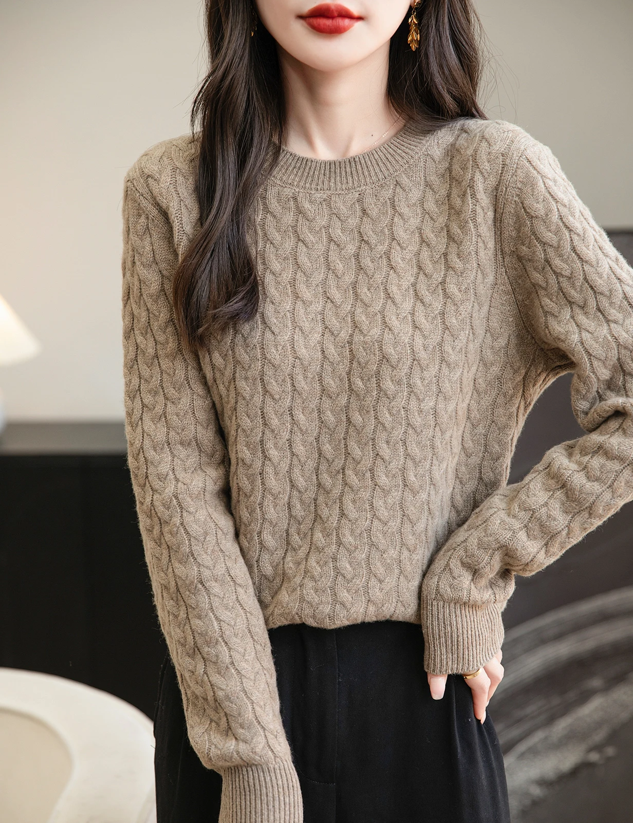 Merino Sweater wol wanita, atasan rajut kasual musim gugur dan dingin 100%, leher Crewneck lengan panjang, pakaian perempuan 2024