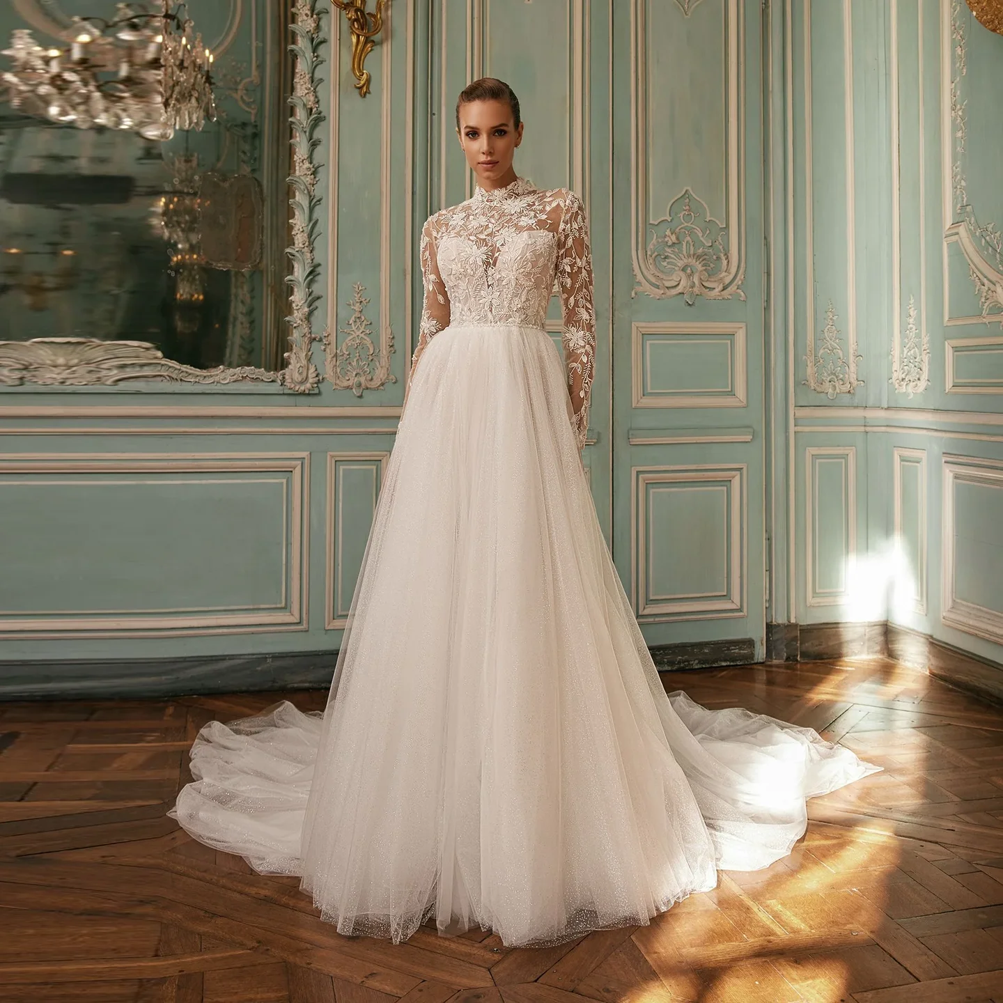 

Sharon Said High Quality A-Line Tulle Off White Wedding Dress 2025 Vintage High Neck Long Sleeve Bride Gowns SW507 Customized