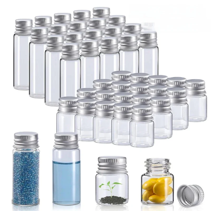 5 sztuk 5 ml/6 ml/7 ml/10 ml/14 ml/18 ml/20 ml/25 ml/30 ml szklane butelki z aluminiowymi pokrywkami małe mini szklane słoiki 8 rozmiarów U-pick — zdjęcie 2