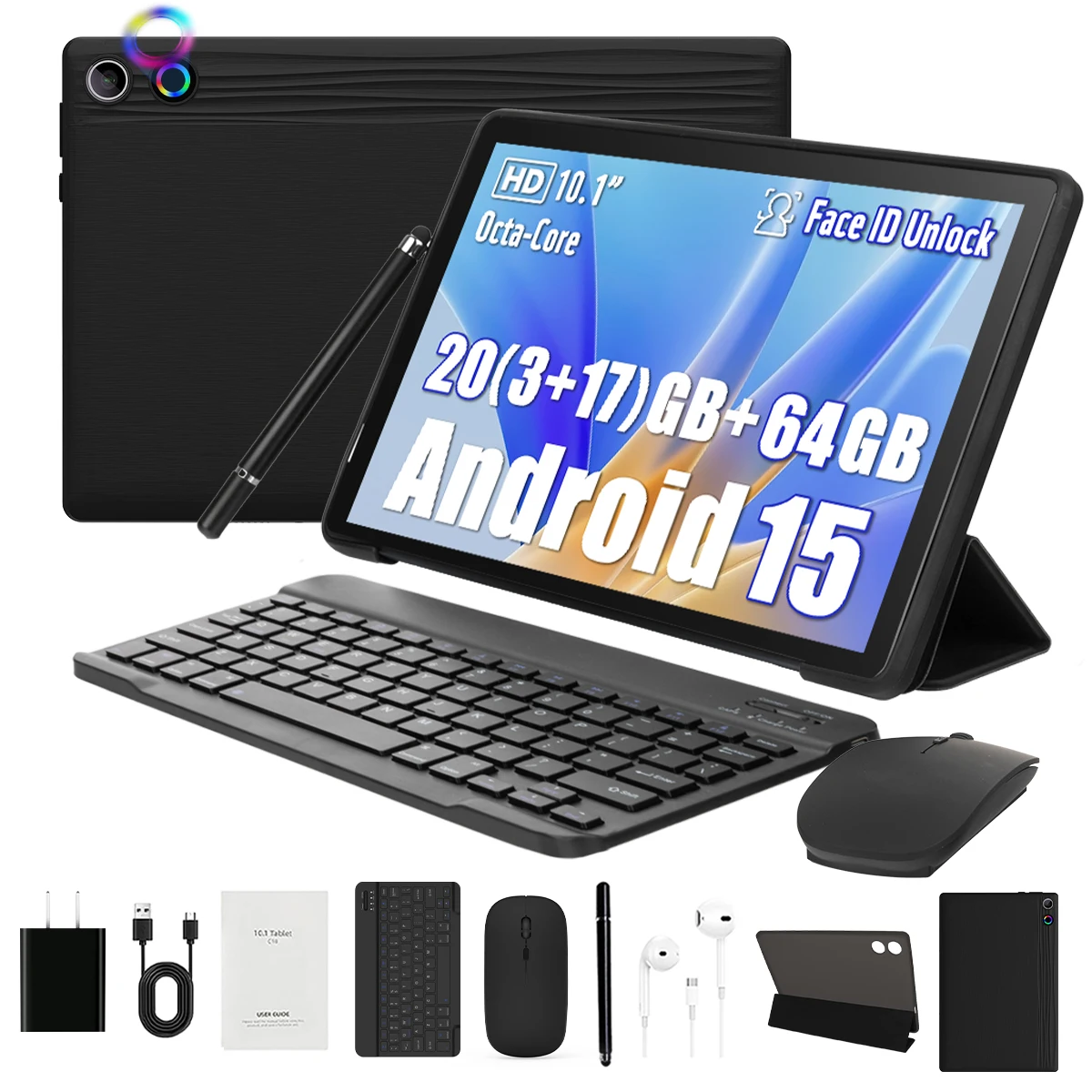 Tablet Android 15 de 10.1 Pulgadas, 8 Núcleos, 20GB+64GB, Expansión de 1TB, WiFi 6, 5MP+8MP, Lápiz Óptico, Teclado, Ratón, Auriculares, Juego de Tablet PC