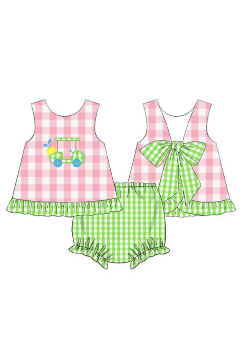 

Girls Summer Cartoon Printed Pink Sleeveless Top Green Ruffled Decorative Shorts Boutique Set