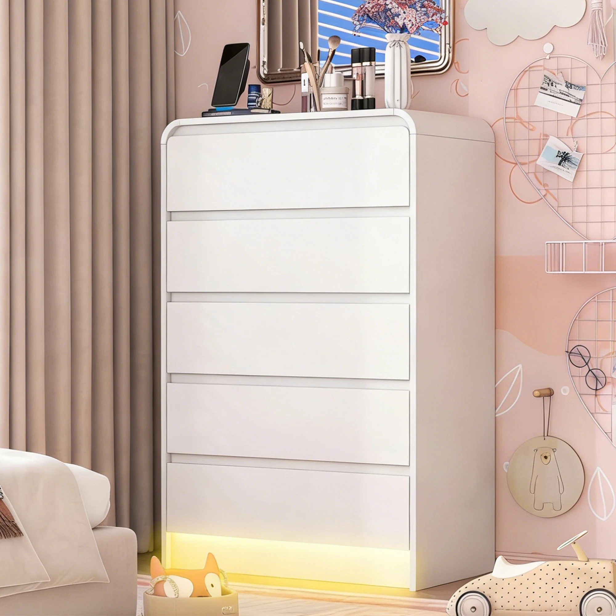 Comanlai Cómoda con cajones, armarios con 5 cajones, gabinetes de almacenamiento, 5 cajones minimalistas blancos, mesitas de noche, gabinetes laterales