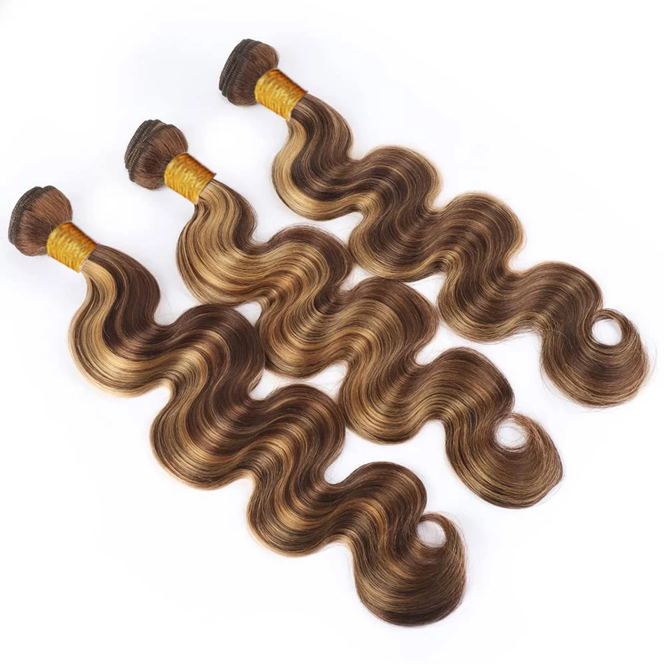 Highlight Body Wave Bundles With Frontal Honey Blonde P4/27 Body Wave Hair Bundles Human Hair Extensions with 13x4 Lace Frontal