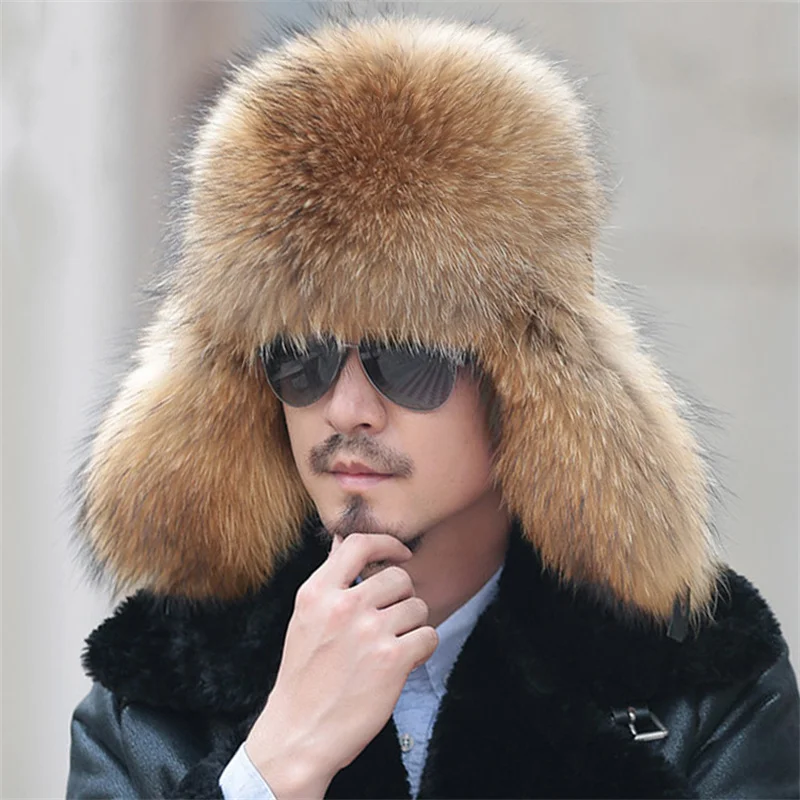 Winter Hats For Men Fur Hat Warm Trapper Aviator Trooper Earflap Fins Ski Hat New Bomber Ski Hats Russian Raccoon Fur Hat Hats