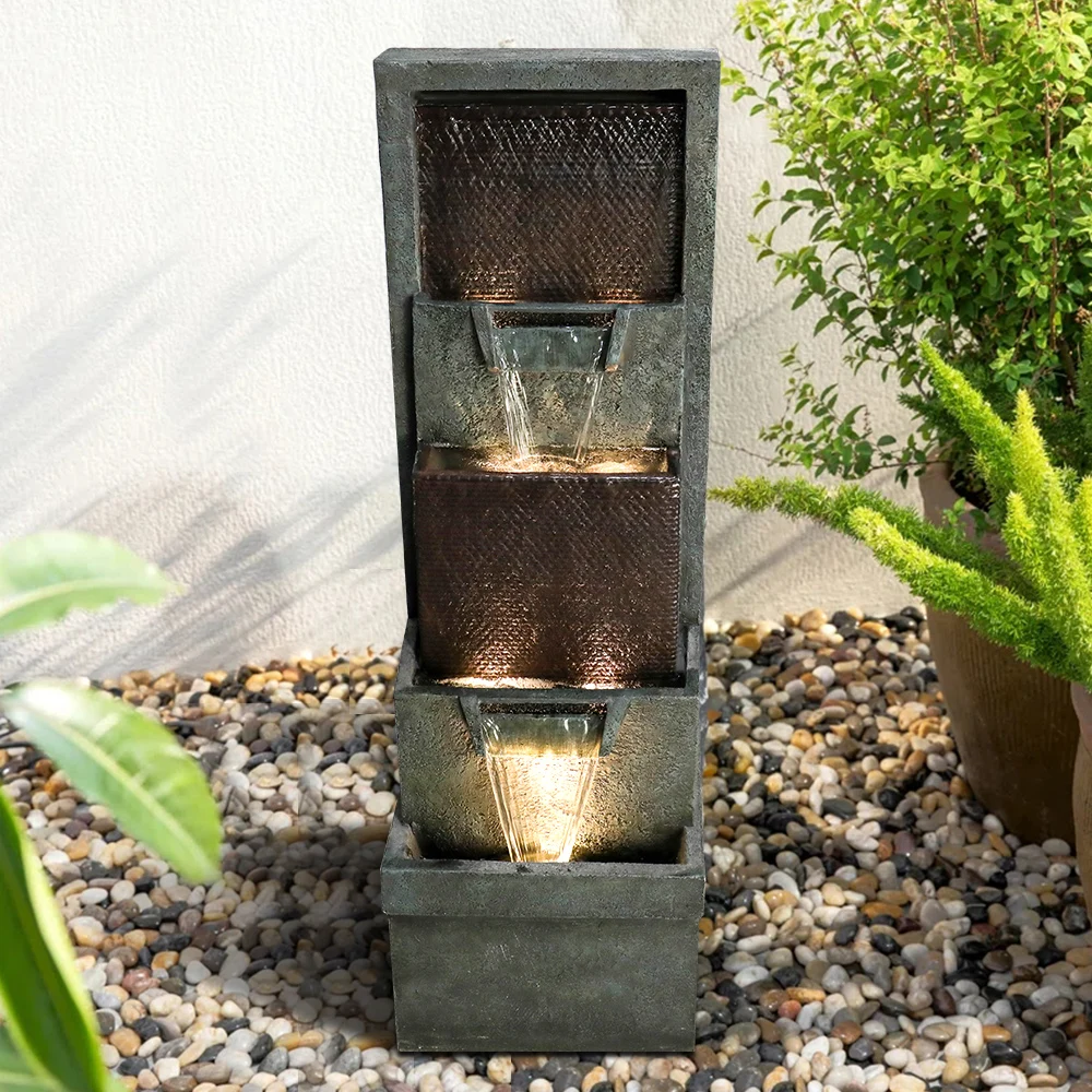 39.3''H Floor Standing Outdoor Fountain and Waterfall with Lights Indoor Fountain for Patio, Floor, Backyard and Home Art Decor