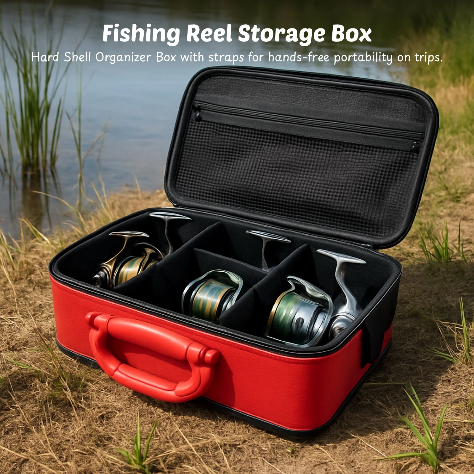 

Portable Fishing Reel Case 50x26x16cm Large Capacity Storage Box Hard PC Shell Organizer Box for 6 to 8 Reels