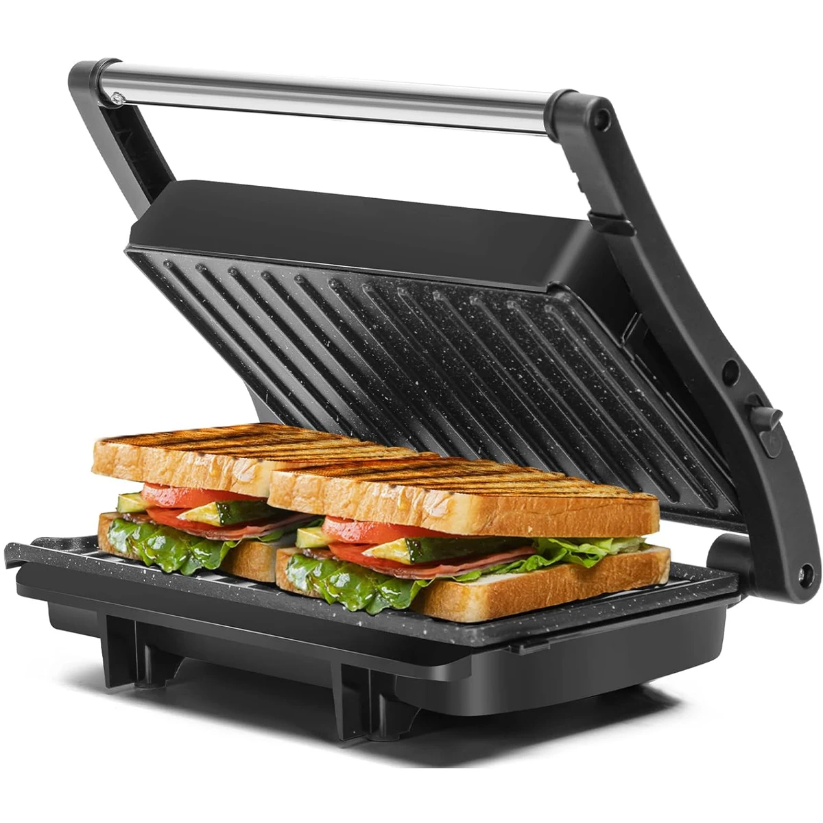 Prensa y Parrilla Eléctrica 3 en 1 para Panini, Sandwichera, Prensa para Panini de Acero Inoxidable para 4 Rebanadas, Prensa para Sándwiches Antiadherente