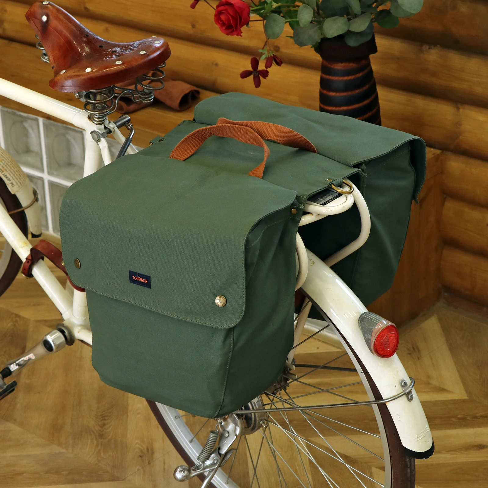 Tourbon Vintage Bike Panniers Back Rear Seat Bicycle Saddle Bags Cycling Luggage Two Storage 23L Water Repellent Wax Canvas