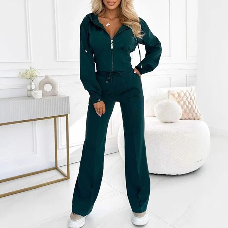 Autumn Casual Solid Sportswear Women Set Fashion Zipper Hooded Sweatshirts Coat & Lace-up Pants Tracksuit New Winter Suit Outfit