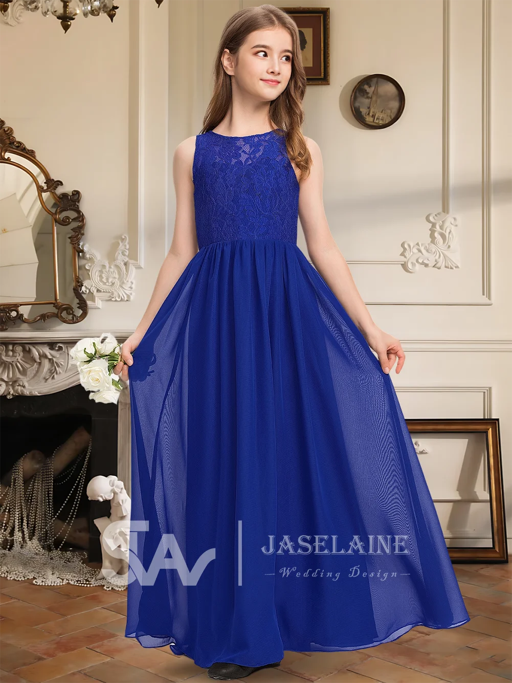 

QA Kids Junior Bridesmaid Dress Chiffon Lace Scoop Floor-Length Flower Girl Gown A Line Lace Wedding Party Girls Formal Occasion