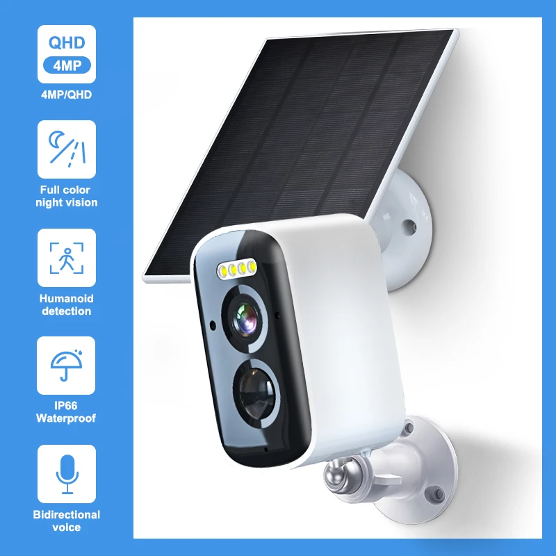 

1 шт. беспроводная Wi-Fi солнечная наружная камера с питанием от батареи, двусторонний голосовой домофон, интеллектуальный динамический детектор цветного ночного видения 4 МП