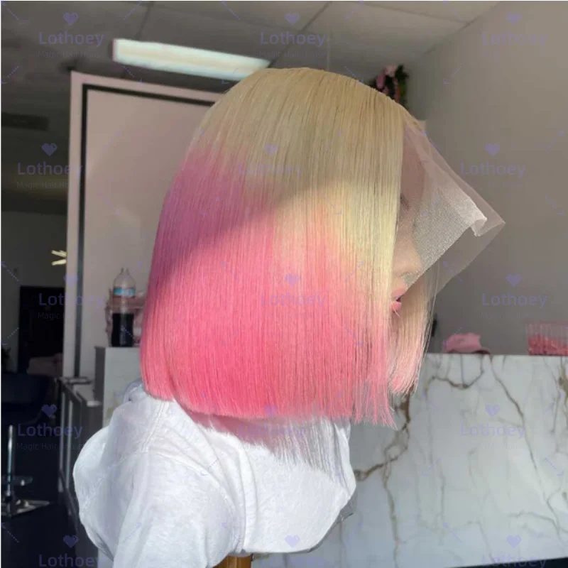 Ombre Pink Short Bob Wig Human Hair Straight Blue Lace Frontal Wig With Natural Hairline Pre Plucked Short Human Hair Wigs