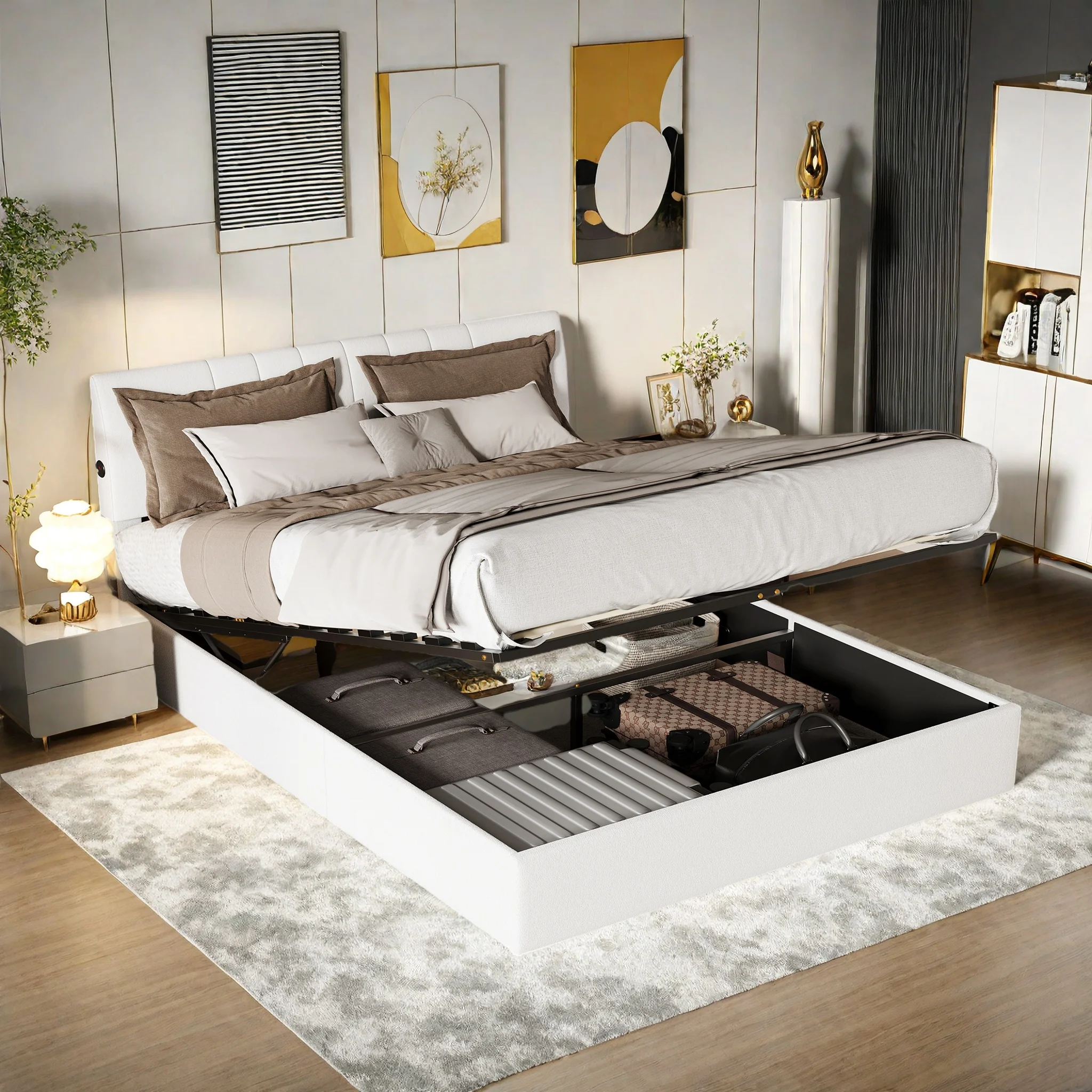 Anajqaqia, letto idraulico 160 × 200 cm, letto per adulti, letto per dormire, letto matrimoniale per la camera da letto principale, struttura letto con ampio spazio contenitivo, letto imbottito, letto
