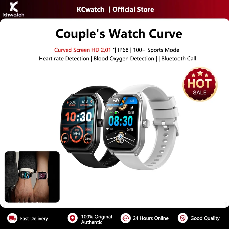 KHwatch ساعات الزوجين 2.01 "شاشة منحنية ساعات رجالي 5.3 بلوتوث دعوة IP68 الرياضة مقاوم للماء الساعات النساء الساعات منحنى