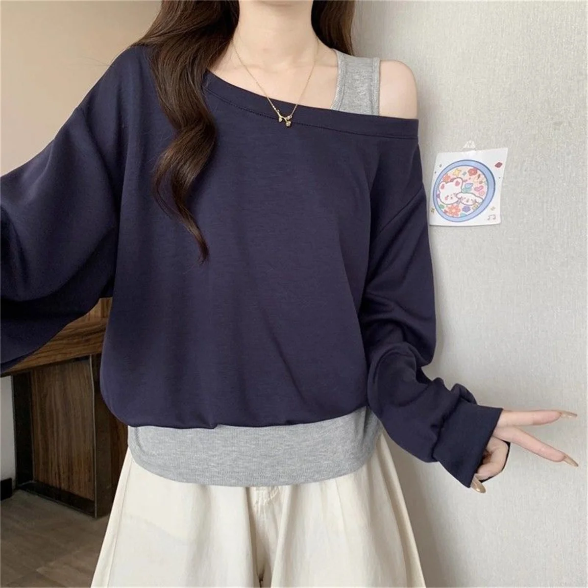 Solide Zweiteilige Unregelmäßige Kontrast-Trend-Oberteile Frühling Herbst Locker Sitzende Alltagstaugliche Street-Casual-T-Shirts Modische Lässige Damenkleidung – Detail 7